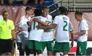 23 May 2023; Mason Melia of Republic of Ireland, centre, celebrates with teammates after scoring his side's third goal during the UEFA European U17 Championship Final Tournament match between Hungary and Republic of Ireland at Pancho Aréna in Felcsút, Hungary. Photo by David Balogh/Sportsfile