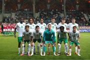 23 May 2023; The Republic of Ireland team, back row, from left, Romeo Akachukwu, Jake Grante, Daniel Babb, Mason Melia, Luke Kehir and Freddie Turley, front row, from left, Najemedine Razi, Cory O'Sullivan, goalkeeper Jason Healy, Ikechukwu Orazi and Daniel McGrath before the UEFA European U17 Championship Final Tournament match between Hungary and Republic of Ireland at Pancho Aréna in Felcsút, Hungary. Photo by David Balogh/Sportsfile