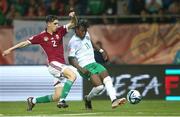 23 May 2023; Ikechukwu Orazi of Republic of Ireland in action against Attila Girsik of Hungary during the UEFA European U17 Championship Final Tournament match between Hungary and Republic of Ireland at Pancho Aréna in Felcsút, Hungary. Photo by David Balogh/Sportsfile