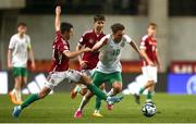 23 May 2023; Najemedine Razi of Republic of Ireland in action against Csaba Molnár of Hungary during the UEFA European U17 Championship Final Tournament match between Hungary and Republic of Ireland at Pancho Aréna in Felcsút, Hungary. Photo by David Balogh/Sportsfile