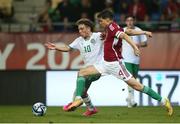 23 May 2023; Najemedine Razi of Republic of Ireland in action against Ádám Umathum of Hungary during the UEFA European U17 Championship Final Tournament match between Hungary and Republic of Ireland at Pancho Aréna in Felcsút, Hungary. Photo by David Balogh/Sportsfile