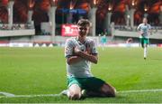 23 May 2023; Luke Kehir of Republic of Ireland celebrates after scoring his side's fourth goal during the UEFA European U17 Championship Final Tournament match between Hungary and Republic of Ireland at Pancho Aréna in Felcsút, Hungary. Photo by David Balogh/Sportsfile