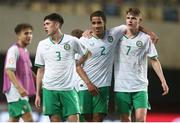 23 May 2023; Republic of Ireland players, from left, Cory O'Sullivan, Daniel Babb and Luke Kehir after the UEFA European U17 Championship Final Tournament match between Hungary and Republic of Ireland at Pancho Aréna in Felcsút, Hungary. Photo by David Balogh/Sportsfile