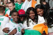 23 May 2023; Romeo Akachukwu of Republic of Ireland celebrates with his family after the UEFA European U17 Championship Final Tournament match between Hungary and Republic of Ireland at Pancho Aréna in Felcsút, Hungary. Photo by David Balogh/Sportsfile