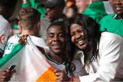 23 May 2023; Romeo Akachukwu of Republic of Ireland celebrates with his mother after the UEFA European U17 Championship Final Tournament match between Hungary and Republic of Ireland at Pancho Aréna in Felcsút, Hungary. Photo by David Balogh/Sportsfile