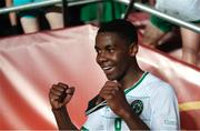 23 May 2023; Romeo Akachukwu of Republic of Ireland celebrates after the UEFA European U17 Championship Final Tournament match between Hungary and Republic of Ireland at Pancho Aréna in Felcsút, Hungary. Photo by David Balogh/Sportsfile