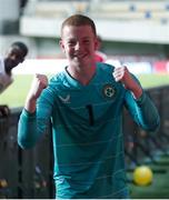 23 May 2023; Republic of Ireland goalkeeper Jason Healy celebrates after the UEFA European U17 Championship Final Tournament match between Hungary and Republic of Ireland at Pancho Aréna in Felcsút, Hungary. Photo by David Balogh/Sportsfile