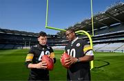 25 May 2023; The Pittsburgh Steelers made a welcome return to Croke Park today, where they played in the first ever NFL game in Ireland in 1997. The Steelers plan to grow their fanbase and the game of American Football in Ireland as part of the NFL’s ‘Global Markets Program’.?Pictured is former Pittsburgh Steelers quarterback Kordell Stewart, right, who played in 1997, alongside Kerry All-Ireland winner and Steelers fan Paudie Clifford at Croke Park in Dublin. Photo by Brendan Moran/Sportsfile
