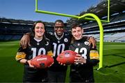 25 May 2023; The Pittsburgh Steelers made a welcome return to Croke Park today, where they played in the first ever NFL game in Ireland in 1997. The Steelers plan to grow their fanbase and the game of American Football in Ireland as part of the NFL’s ‘Global Markets Program’.?Pictured is former Pittsburgh Steelers quarterback Kordell Stewart who played in 1997, alongside Kerry All-Ireland winner and Steelers fan Paudie Clifford and Dublin GAA legend and NFL fans Hannah Tyrrell. Photo by Brendan Moran/Sportsfile