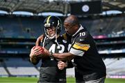 25 May 2023; The Pittsburgh Steelers made a welcome return to Croke Park today, where they played in the first ever NFL game in Ireland in 1997. The Steelers plan to grow their fanbase and the game of American Football in Ireland as part of the NFL’s ‘Global Markets Program’.?Pictured is former Pittsburgh Steelers quarterback Kordell Stewart who played in 1997, alongside Kerry All-Ireland winner and Steelers fan Paudie Clifford. Photo by Brendan Moran/Sportsfile