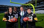 25 May 2023; The Pittsburgh Steelers made a welcome return to Croke Park today, where they played in the first ever NFL game in Ireland in 1997. The Steelers plan to grow their fanbase and the game of American Football in Ireland as part of the NFL’s ‘Global Markets Program’.?Pictured is former Pittsburgh Steelers quarterback Kordell Stewart who played in 1997, with, from left, Dublin GAA legend and NFL fan Hannah Tyrrell, Pittsburgh Steelers Director of Business Development & Strategy Daniel Rooney and Kerry All-Ireland winner and Steelers fan Paudie Clifford. Photo by Brendan Moran/Sportsfile