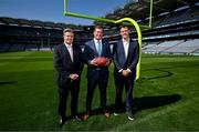 25 May 2023; The Pittsburgh Steelers made a welcome return to Croke Park today, where they played in the first ever NFL game in Ireland in 1997. The Steelers plan to grow their fanbase and the game of American Football in Ireland as part of the NFL’s ‘Global Markets Program’.?Pictured at the announcement are from left, Head of Europe & UK for the NFL Brett Gosper, Pittsburgh Steelers Director of Business Development & Strategy Daniel Rooney and NFL UK general manager Henry Hodgson. Photo by Brendan Moran/Sportsfile