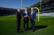 25 May 2023; The Pittsburgh Steelers made a welcome return to Croke Park today, where they played in the first ever NFL game in Ireland in 1997. The Steelers plan to grow their fanbase and the game of American Football in Ireland as part of the NFL’s ‘Global Markets Program’.?Pictured at the announcement are, from left, Croke Park Stadium and Commercial Director Peter McKenna, Pittsburgh Steelers Director of Business Development & Strategy Daniel Rooney, left, Uachtarán Chumann Lúthchleas Gael Larry McCarthy. Photo by Brendan Moran/Sportsfile