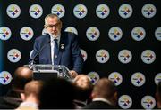 25 May 2023; The Pittsburgh Steelers made a welcome return to Croke Park today, where they played in the first ever NFL game in Ireland in 1997. The Steelers plan to grow their fanbase and the game of American Football in Ireland as part of the NFL’s ‘Global Markets Program’.? Pictured is Uachtarán Chumann Lúthchleas Gael Larry McCarthy. Photo by Seb Daly/Sportsfile