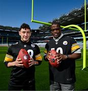 25 May 2023; The Pittsburgh Steelers made a welcome return to Croke Park today, where they played in the first ever NFL game in Ireland in 1997. The Steelers plan to grow their fanbase and the game of American Football in Ireland as part of the NFL’s ‘Global Markets Program’.?Pictured is former Pittsburgh Steelers quarterback Kordell Stewart, right, who played in 1997, alongside Kerry All-Ireland winner and Steelers fan Paudie Clifford at Croke Park in Dublin. Photo by Brendan Moran/Sportsfile