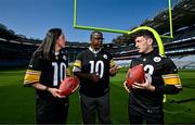 25 May 2023; The Pittsburgh Steelers made a welcome return to Croke Park today, where they played in the first ever NFL game in Ireland in 1997. The Steelers plan to grow their fanbase and the game of American Football in Ireland as part of the NFL’s ‘Global Markets Program’.?Pictured is former Pittsburgh Steelers quarterback Kordell Stewart who played in 1997 alongside Kerry All-Ireland winner and Steelers fan Paudie Clifford and Dublin GAA legends and NFL fan Hannah Tyrrell. Photo by Brendan Moran/Sportsfile