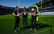 25 May 2023; The Pittsburgh Steelers made a welcome return to Croke Park today, where they played in the first ever NFL game in Ireland in 1997. The Steelers plan to grow their fanbase and the game of American Football in Ireland as part of the NFL’s ‘Global Markets Program’.?Pictured is former Pittsburgh Steelers quarterback Kordell Stewart who played in 1997 alongside Kerry All-Ireland winner and Steelers fan Paudie Clifford and Dublin GAA legends and NFL fan Hannah Tyrrell. Photo by Brendan Moran/Sportsfile