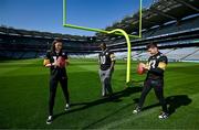 25 May 2023; The Pittsburgh Steelers made a welcome return to Croke Park today, where they played in the first ever NFL game in Ireland in 1997. The Steelers plan to grow their fanbase and the game of American Football in Ireland as part of the NFL’s ‘Global Markets Program’.?Pictured is former Pittsburgh Steelers quarterback Kordell Stewart who played in 1997 alongside Kerry All-Ireland winner and Steelers fan Paudie Clifford and Dublin GAA legends and NFL fan Hannah Tyrrell. Photo by Brendan Moran/Sportsfile