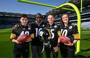 25 May 2023; The Pittsburgh Steelers made a welcome return to Croke Park today, where they played in the first ever NFL game in Ireland in 1997. The Steelers plan to grow their fanbase and the game of American Football in Ireland as part of the NFL’s ‘Global Markets Program’.?Pictured is former Pittsburgh Steelers quarterback Kordell Stewart who played in 1997 alongside Kerry All-Ireland winner and Steelers fan Paudie Clifford, left, and Dublin GAA legends and NFL fans Mossy Quinn and Hannah Tyrrell. Photo by Brendan Moran/Sportsfile
