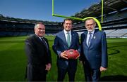 25 May 2023; The Pittsburgh Steelers made a welcome return to Croke Park today, where they played in the first ever NFL game in Ireland in 1997. The Steelers plan to grow their fanbase and the game of American Football in Ireland as part of the NFL’s ‘Global Markets Program’.?Pictured at the announcement are, from left, Croke Park Stadium and Commercial Director Peter McKenna, Pittsburgh Steelers Director of Business Development & Strategy Daniel Rooney and Uachtarán Chumann Lúthchleas Gael Larry McCarthy. Photo by Brendan Moran/Sportsfile