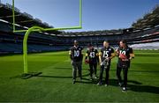 25 May 2023; The Pittsburgh Steelers made a welcome return to Croke Park today, where they played in the first ever NFL game in Ireland in 1997. The Steelers plan to grow their fanbase and the game of American Football in Ireland as part of the NFL’s ‘Global Markets Program’.?Pictured is former Pittsburgh Steelers quarterback Kordell Stewart who played in 1997 alongside, from second from left, Kerry All-Ireland winner and Steelers fan Paudie Clifford and Dublin GAA legends and NFL fans Mossy Quinn and Hannah Tyrrell. Photo by Brendan Moran/Sportsfile