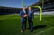 25 May 2023; The Pittsburgh Steelers made a welcome return to Croke Park today, where they played in the first ever NFL game in Ireland in 1997. The Steelers plan to grow their fanbase and the game of American Football in Ireland as part of the NFL’s ‘Global Markets Program’.?Pictured at the announcement is Pittsburgh Steelers Director of Business Development & Strategy Daniel Rooney, left, and Uachtarán Chumann Lúthchleas Gael Larry McCarthy. Photo by Brendan Moran/Sportsfile