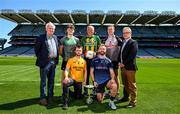 25 May 2023; Back row, from left, Cathaoirleach Chomórtas Peile na Gaeltachta Seán Ó hEarcáin, Tuaathal Ó Lonnaigh of Naomh Muire, Donegal, Séamus Ó hAiniféin of Lios Póil, Kerry, Daragh Murphy of Cill Chomáin, Mayo, and Réamonn Ó Ciaráin of Gael Linn, front row, Máirtín Ó Cualáin of Carna, Galway, and Micheal Ó Nualláin of Na Gaeil Óga during the GAA’s Annual Comórtas Peile na Gaeltachta launched at Croke Park in Dublin. Photo by Harry Murphy/Sportsfile