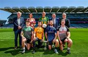 25 May 2023; Back row, from left, Cathaoirleach Chomórtas Peile na Gaeltachta Seán Ó hEarcáin, Cathaoirleach Choiste Náisiúnta Gaeilge CLG Gráinne McElwain, Rónán Ó Coisdealbha Séamus Ó hAiniféin of Lios Póil, Kerry, Rúnaí Chomórtas Peile na Gaeltachta Cathal Seoighe and Réamonn Ó Ciaráin of Gael Linn, front row, from left, Tuaathal Ó Lonnaigh of Naomh Muire, Donegal, Máirtín Ó Cualáin of Carna, Galway, and Micheal Ó Nualláin of Na Gaeil Óga and Daragh Murphy of Cill Chomáin, Mayo during the GAA’s Annual Comórtas Peile na Gaeltachta launched at Croke Park in Dublin. Photo by Harry Murphy/Sportsfile