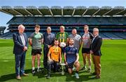 25 May 2023; Back row, from left, Cathaoirleach Chomórtas Peile na Gaeltachta Seán Ó hEarcáin, Tuaathal Ó Lonnaigh of Naomh Muire, Donegal, Ceannasaí Spóirt TG4 Rónán Ó Coisdealbha Séamus Ó hAiniféin of Lios Póil, Kerry, RTÉ Raidió na Gaeltachta Paddy Ó Gríofa, Daragh Murphy of Cill Chomáin, Mayo, and Réamonn Ó Ciaráin of Gael Linn, front row, Máirtín Ó Cualáin of Carna, Galway, and Micheal Ó Nualláin of Na Gaeil Óga during the GAA’s Annual Comórtas Peile na Gaeltachta launched at Croke Park in Dublin. Photo by Harry Murphy/Sportsfile