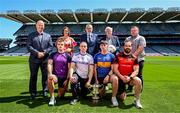 25 May 2023; In attendance from left, Ceannasaí Spóirt TG4 Rónán Ó Coisdealbha, Sarán Ó Fionnagáin of Bhulf Tón, Meath, Cathaoirleach Choiste Náisiúnta Gaeilge CLG Gráinne McElwain Damien Ó hÚrdail of Cill na Martra, Cork, Uachtarán Chumann Lúthchleas Gael Larry McCarthy, Oisín Ó Dúnaigh of An Rinn, Waterford, Cathaoirleach Chomórtas Peile na Gaeltachta Seán Ó hEarcáin, Cian Ó Duinnín of Béal Átha an Ghaorthaidh, Cork, and RTÉ Raidió na Gaeltachta Paddy Ó Gríofa during the GAA’s Annual Comórtas Peile na Gaeltachta launched at Croke Park in Dublin. Photo by Harry Murphy/Sportsfile