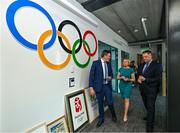 25 May 2023; Minister of State at Department of Tourism, Culture, Arts, Gaeltacht, Sport and Media Thomas Byrne TD, with Olympic Federation of Ireland chief executive Peter Sherrard, left, and Olympic Federation of Ireland president Sarah Keane during the official opening of the new Olympic Federation of Ireland offices at the Sport Ireland Campus in Dublin. Photo by Brendan Moran/Sportsfile