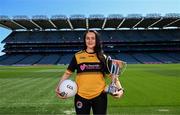 25 May 2023; Seána Ní Chaomhánach of Laochra Loch Lao, Antrim, during the GAA’s Annual Comórtas Peile na Gaeltachta launched at Croke Park in Dublin. Photo by Harry Murphy/Sportsfile