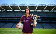 25 May 2023; Lauren Keyes of Bhulf Tón, Meath, during the GAA’s Annual Comórtas Peile na Gaeltachta launched at Croke Park in Dublin. Photo by Harry Murphy/Sportsfile