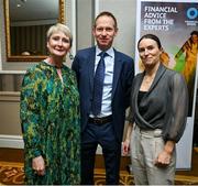25 May 2023; In attendance at the Federation of Irish Sport 2023 Irish Sport Industry Awards, in association with Financial Broker, at The Westin Hotel in Dublin are, from left, Dr. Fiona Chambers, Pat Roche and Sinead Aherne of KPMG. Photo by Brendan Moran/Sportsfile