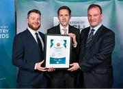 25 May 2023; In attendance at the Federation of Irish Sport 2023 Irish Sport Industry Awards, in association with Financial Broker, at The Westin Hotel in Dublin, are, from left, Robbie Fahy, Nathaniel Cope and John Feehan of Basketball Ireland with their award for Best Use of Communicatons Platforms in Sport. Photo by Brendan Moran/Sportsfile