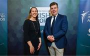 25 May 2023; Federaton of Irish Sport chief executive Mary O'Connor, left, and Department of Tourism, Culture, Arts, Gaeltacht, Sport and Media assistant scretary general Cian O Lionain during the Federation of Irish Sport 2023 Irish Sport Industry Awards, in association with Financial Broker, at The Westin Hotel in Dublin. Photo by Brendan Moran/Sportsfile