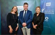 25 May 2023; Federaton of Irish Sport chief executive Mary O'Connor, left, and Department of Tourism, Culture, Arts, Gaeltacht, Sport and Media assistant scretary general Cian O Lionain and Clare Louise O'Donoghue of the Federation of Irish Sport during the Federation of Irish Sport 2023 Irish Sport Industry Awards, in association with Financial Broker, at The Westin Hotel in Dublin. Photo by Brendan Moran/Sportsfile