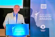 25 May 2023; President of Financial Broker Liam Carberry speaking during the Federation of Irish Sport 2023 Irish Sport Industry Awards, in association with Financial Broker, at The Westin Hotel in Dublin. Photo by Brendan Moran/Sportsfile