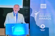 25 May 2023; President of Financial Broker Liam Carberry speaking during the Federation of Irish Sport 2023 Irish Sport Industry Awards, in association with Financial Broker, at The Westin Hotel in Dublin. Photo by Brendan Moran/Sportsfile