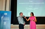 25 May 2023; Dún Laoghaire-Rathdown Local Sports Partnership co-ordinator Shane McArdle is interviewed by MC Gráinne McElwain during the Federation of Irish Sport 2023 Irish Sport Industry Awards, in association with Financial Broker, at The Westin Hotel in Dublin. Photo by Brendan Moran/Sportsfile