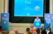 25 May 2023; President of Financial Broker Liam Carberry speaking during the Federation of Irish Sport 2023 Irish Sport Industry Awards, in association with Financial Broker, at The Westin Hotel in Dublin. Photo by Brendan Moran/Sportsfile