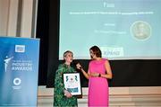 25 May 2023; Dr Fiona Chambers is interviewed by MC Gráinne McElwain during the Federation of Irish Sport 2023 Irish Sport Industry Awards, in association with Financial Broker, at The Westin Hotel in Dublin. Photo by Brendan Moran/Sportsfile