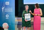 25 May 2023; Dr Fiona Chambers is interviewed by MC Gráinne McElwain during the Federation of Irish Sport 2023 Irish Sport Industry Awards, in association with Financial Broker, at The Westin Hotel in Dublin. Photo by Brendan Moran/Sportsfile