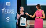 25 May 2023; Swim Ireland chief executive Sarah Keane is interviewed by MC Gráinne McElwain during the Federation of Irish Sport 2023 Irish Sport Industry Awards, in association with Financial Broker, at The Westin Hotel in Dublin. Photo by Brendan Moran/Sportsfile