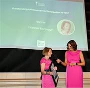 25 May 2023; Former Special Olympics Ireland Director of Sport Frances Kavanagh is interviewed by MC Gráinne McElwain during the Federation of Irish Sport 2023 Irish Sport Industry Awards, in association with Financial Broker, at The Westin Hotel in Dublin. Photo by Brendan Moran/Sportsfile