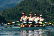 26 May 2023; The Ireland team, from left, Aifric Keogh, Tara Hanlon, Fiona Murtagh and Eimear Lambe compete in the Women's Four Repechage during day 2 of the European Rowing Championships 2023 at Bled in Slovenia. Photo by Vid Ponikvar/Sportsfile