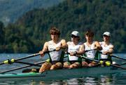 26 May 2023; The Ireland team, from left, Fionnan Mc Quillan-Tolan, Nathan Timoney, Ross Corrigan and John Kearney compete in the Men's Four Repechage during day 2 of the European Rowing Championships 2023 at Bled in Slovenia. Photo by Vid Ponikvar/Sportsfile