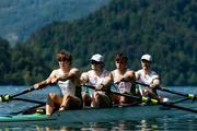 26 May 2023; The Ireland team, from left, Fionnan Mc Quillan-Tolan, Nathan Timoney, Ross Corrigan and John Kearney compete in the Men's Four Repechage during day 2 of the European Rowing Championships 2023 at Bled in Slovenia. Photo by Vid Ponikvar/Sportsfile