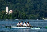 26 May 2023; The Ireland team, from right, Fionnan Mc Quillan-Tolan, Nathan Timoney, Ross Corrigan and John Kearney compete in the Men's Four Repechage during day 2 of the European Rowing Championships 2023 at Bled in Slovenia. Photo by Vid Ponikvar/Sportsfile