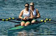 26 May 2023; Sanita Puspure, right, and Zoe Hyde of Ireland compete in the Women's Double Sculls Repechage during day 2 of the European Rowing Championships 2023 at Bled in Slovenia. Photo by Vid Ponikvar/Sportsfile
